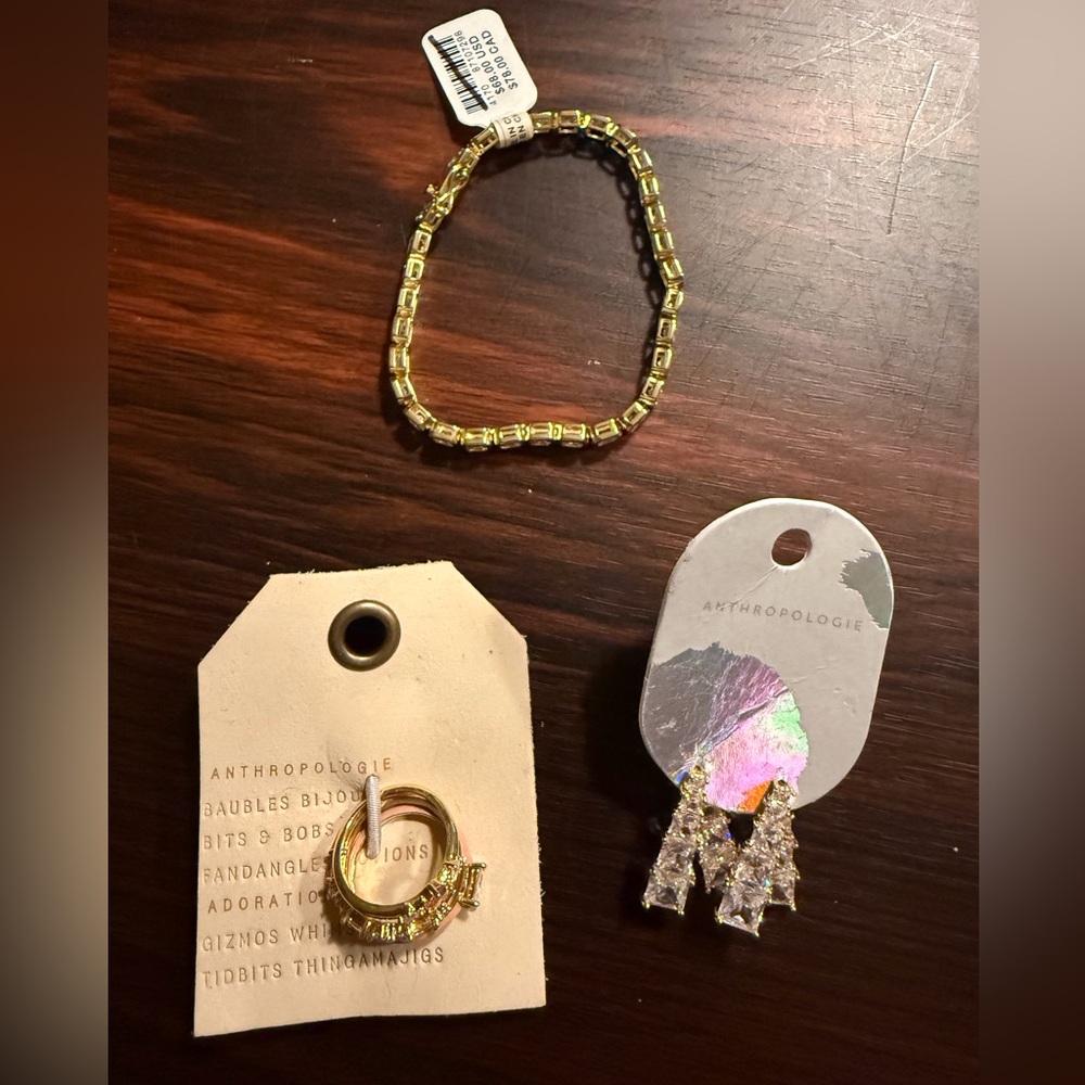 New NWT Anthropologie 3 Piece Jewelry Bundle  Rings Earrings Bracelet Goldtone